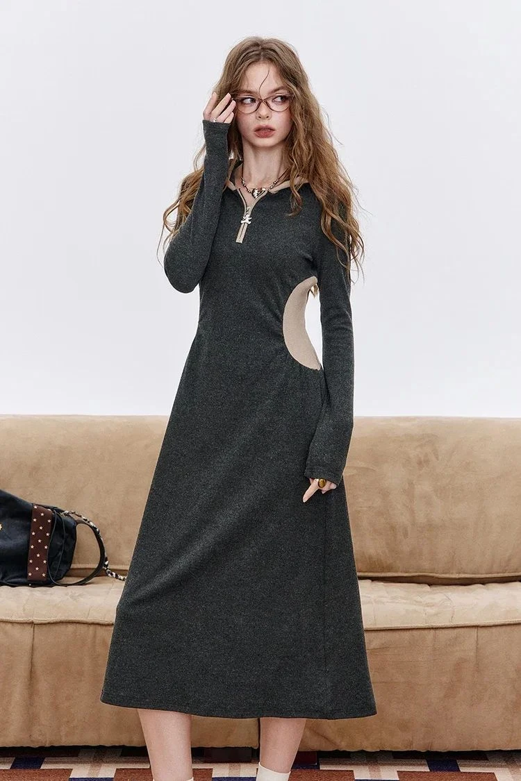 Color Block Hooded Sweater Dress V-Neck A-Line