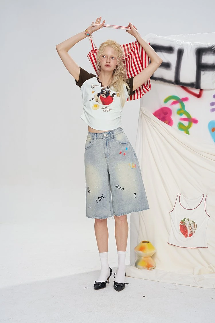 Summer Cartoon Print Chic Short Sleeve T-Shirt for Women – Knit Cotton Tee