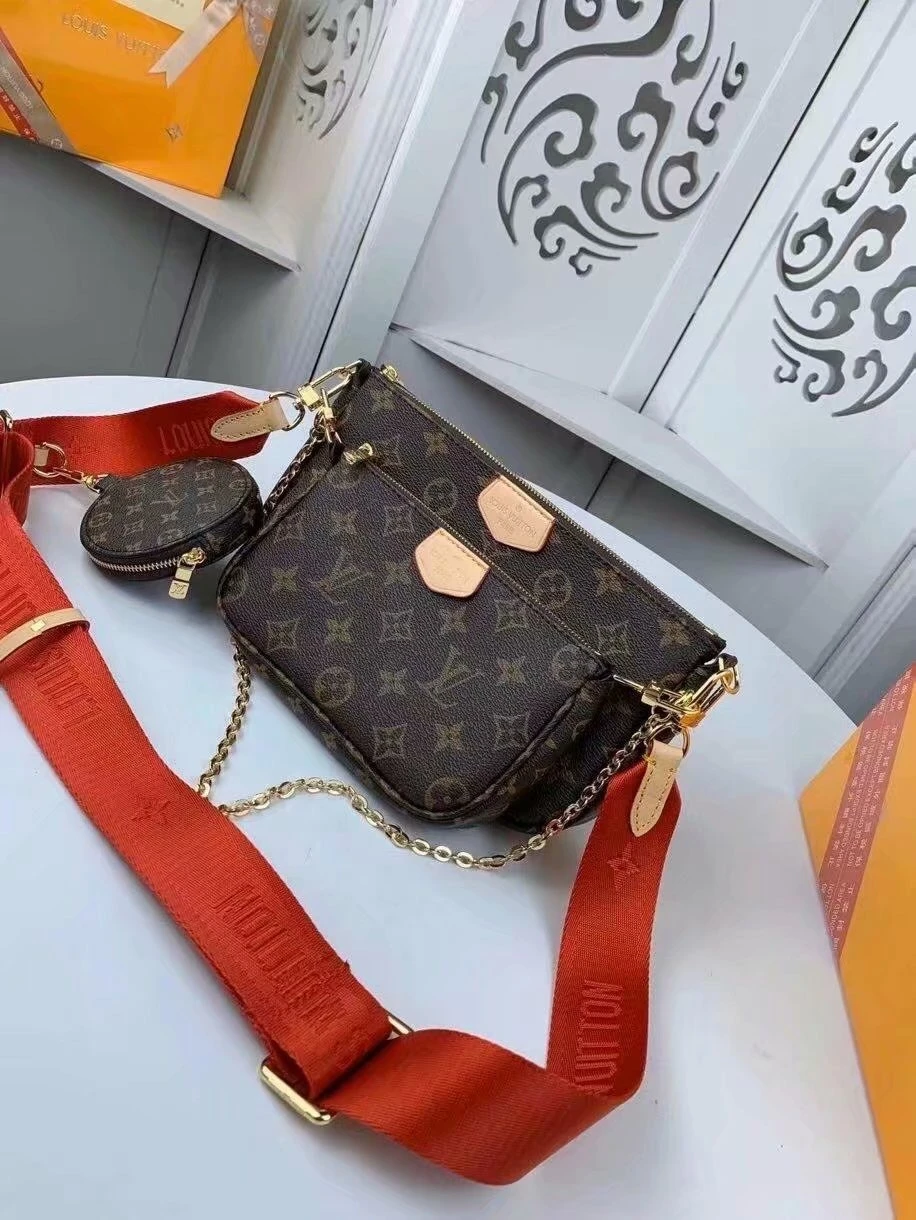 Louis Vuitton Multi Pochette Accessoires in Classic Monogram Canvas with Red Strap