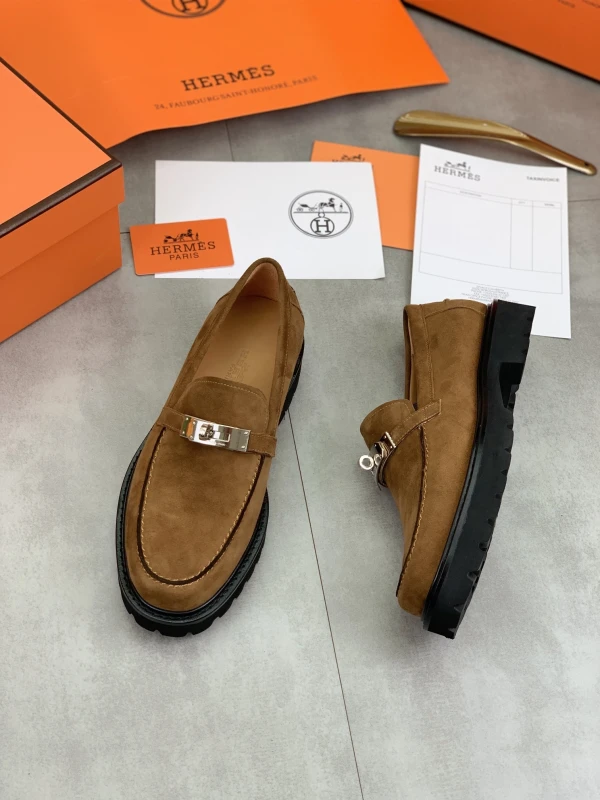 Chestnut Tan Hermès Men's Suede Lug-Sole Silver Lock Buckle Loafers