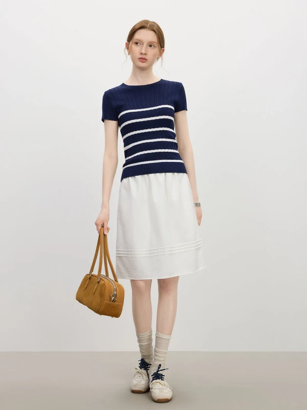 Women's Striped Knit Short-Sleeve Sweater with Back Cut-Out - Summer Pullover