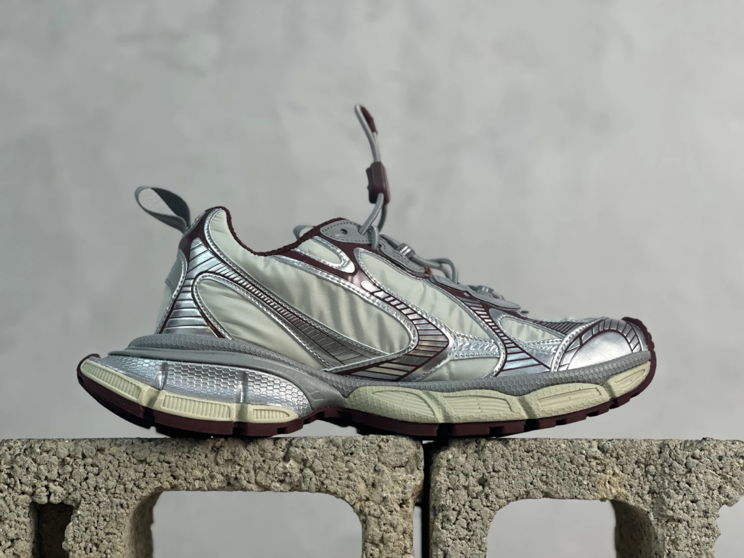 Luxury Metallic Runner Sneaker – Pearl Silver / Burgundy