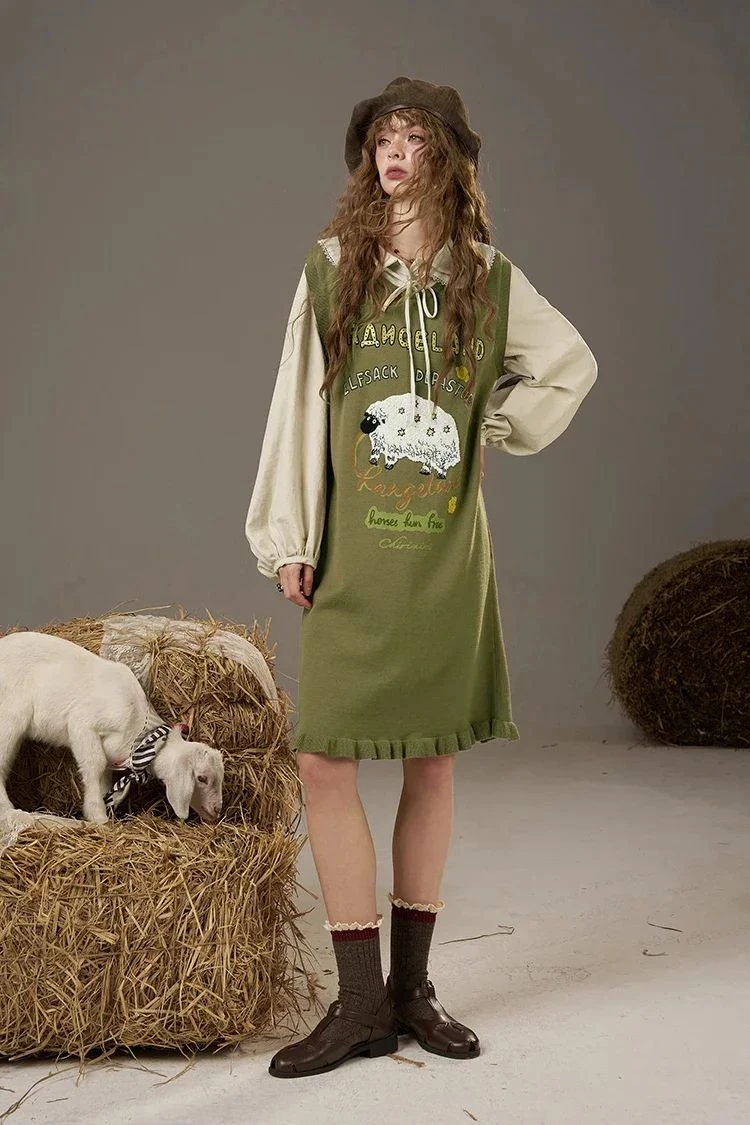 Casual Sweet Cartoon Embroidery Lantern Sleeve Dress for Women