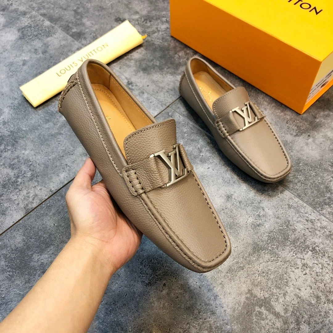 Textured Taupe Grey Louis Vuitton Men's Grained Leather LV Initial Buckle Loafers