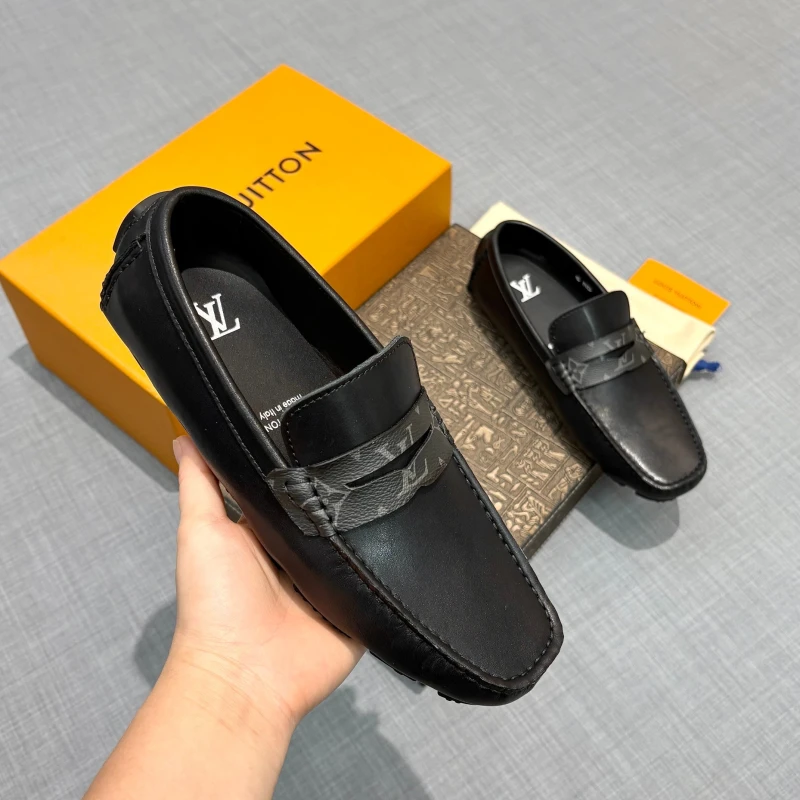 Smooth Jet Black & Monogram Eclipse Louis Vuitton Men's Leather Strap Loafers