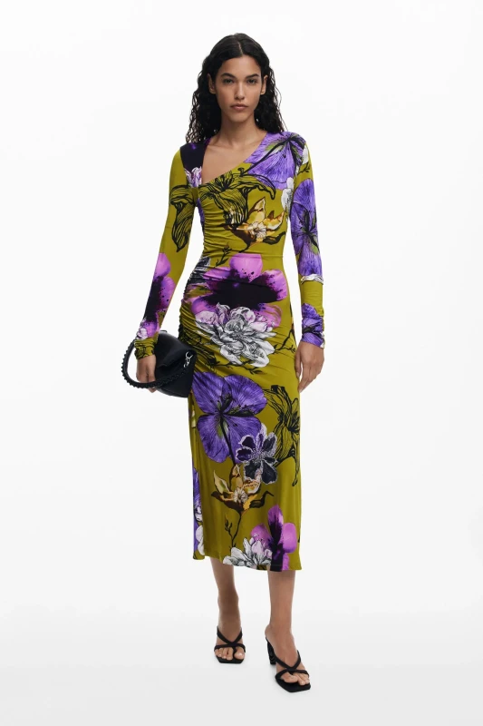 Desigual Women's Green Floral Dress for Winter - Long Sleeve, Viscose Blend