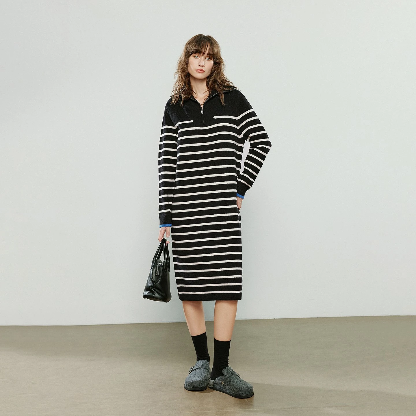 Winter Striped Knitted Zipper Lapel Loose Slimming Dress for Women