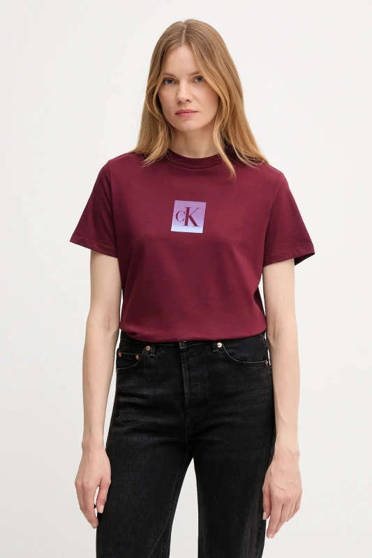 Calvin Klein Jeans Women's Bordeaux Cotton T-Shirt with Round Neck