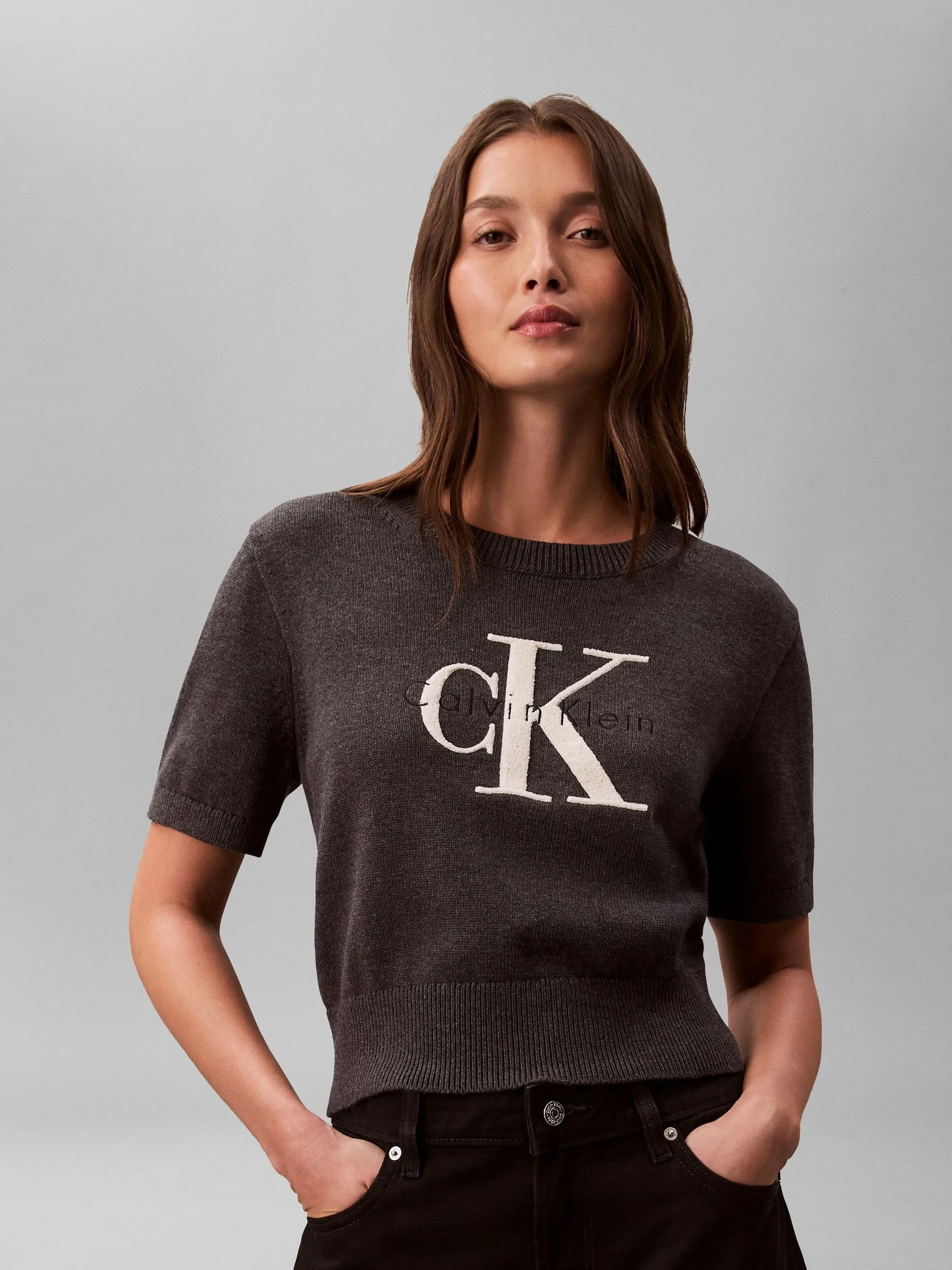 Calvin Klein Jeans Women’s Grey Monologo Cropped Jumper