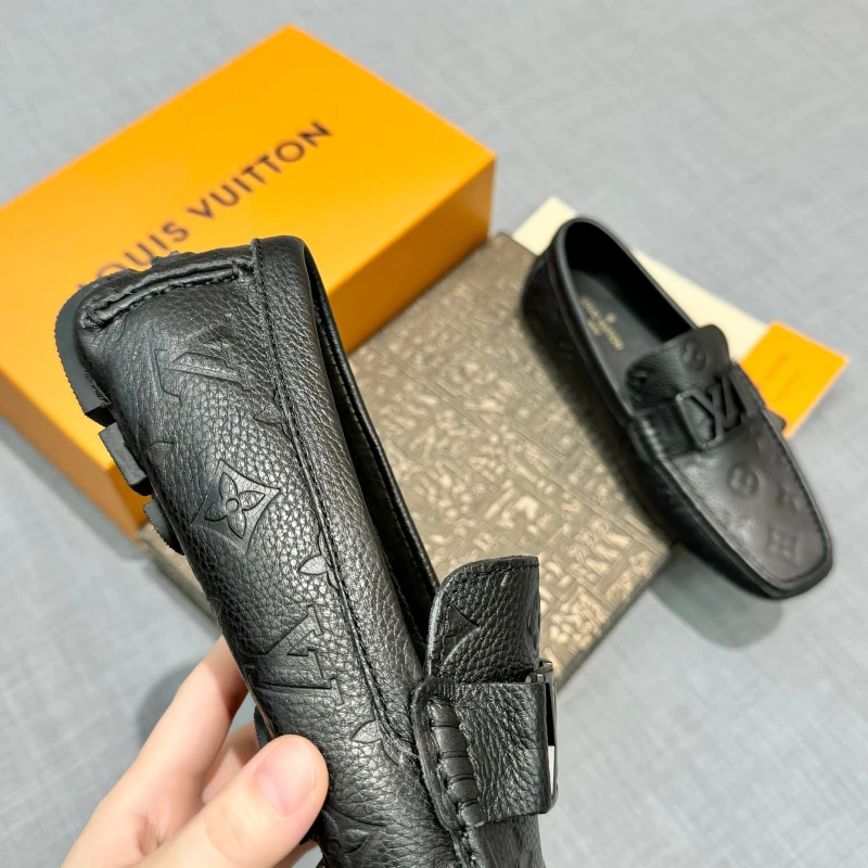 Monogram Embossed All-Black Louis Vuitton Men's Grained Leather LV Initial Buckle Loafers