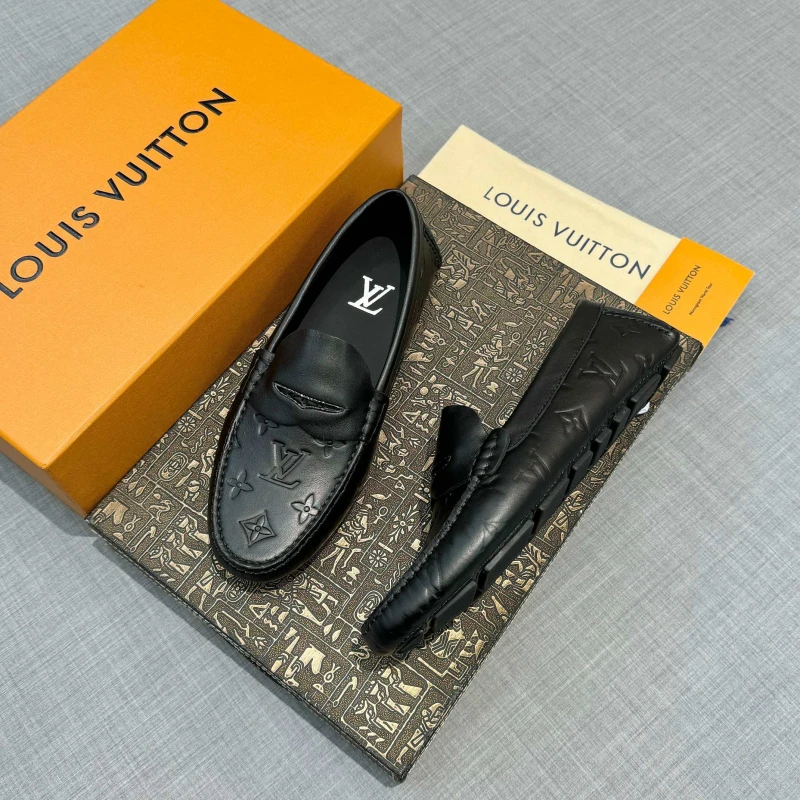 Monogram Embossed Matte Black Louis Vuitton Men's Leather Strap Loafers