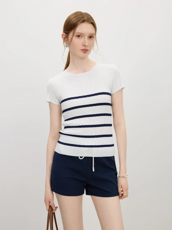 Women's Striped Knit Short-Sleeve Sweater with Back Cut-Out - Summer Pullover