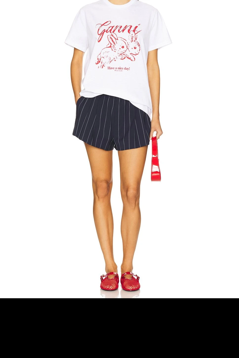 Ganni Organic Cotton White T-Shirt with Red Rabbit Print