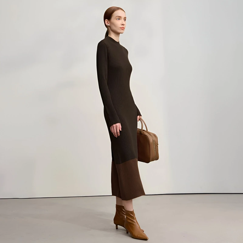 Women’s Winter Slim Knit A-Line Midi Dress with Semi-Turtleneck
