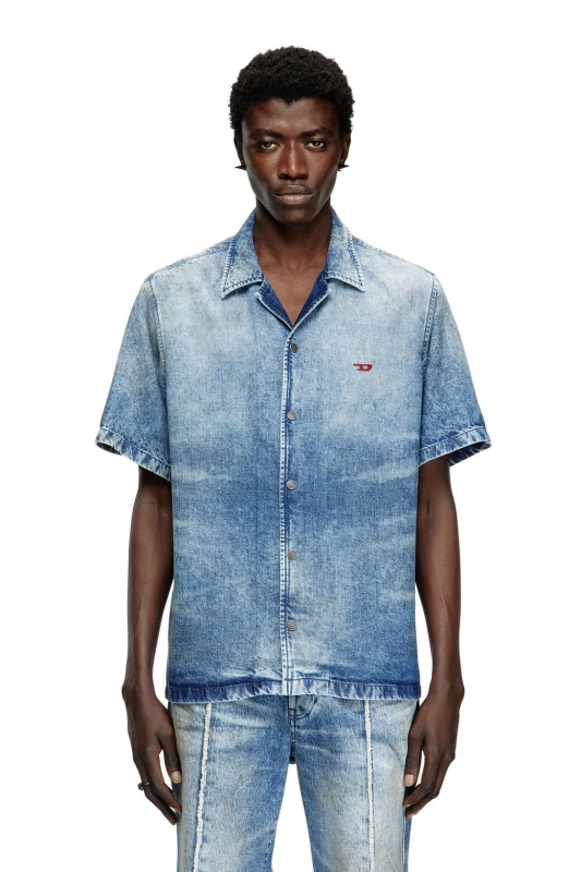 Diesel Tencel Denim Cuban Collar Shirt with Oval D Logo