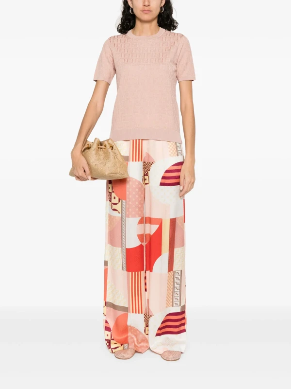 FENDIFF Jacquard Light Pink Crew Neck T-shirt - Stylish Cotton Viscose Blend