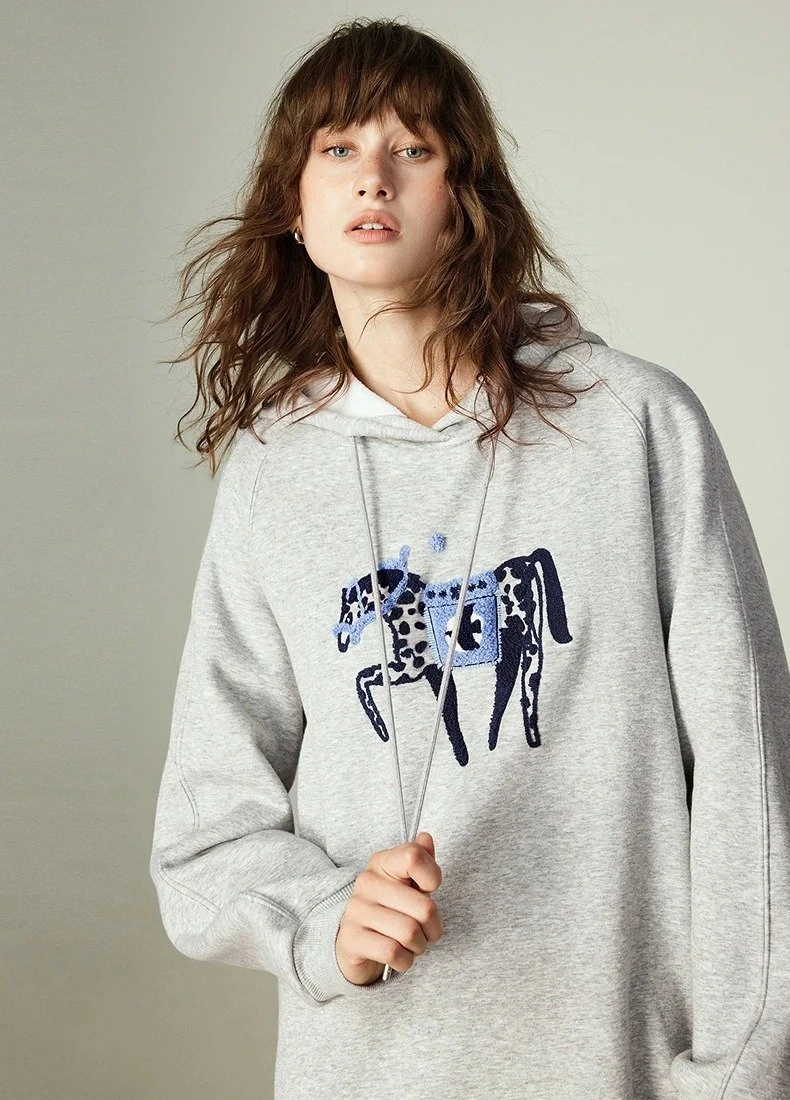 Women’s Winter Hooded Fleece Sweatshirt Dress with Horse Embroidery