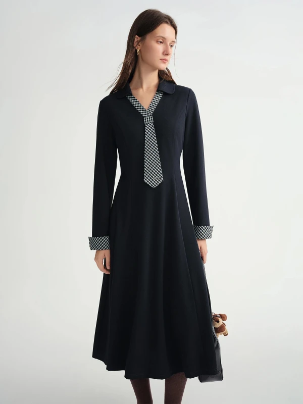 Women's Winter Plaid Tie-Neck Shift Dress with Asymmetric Panel Design