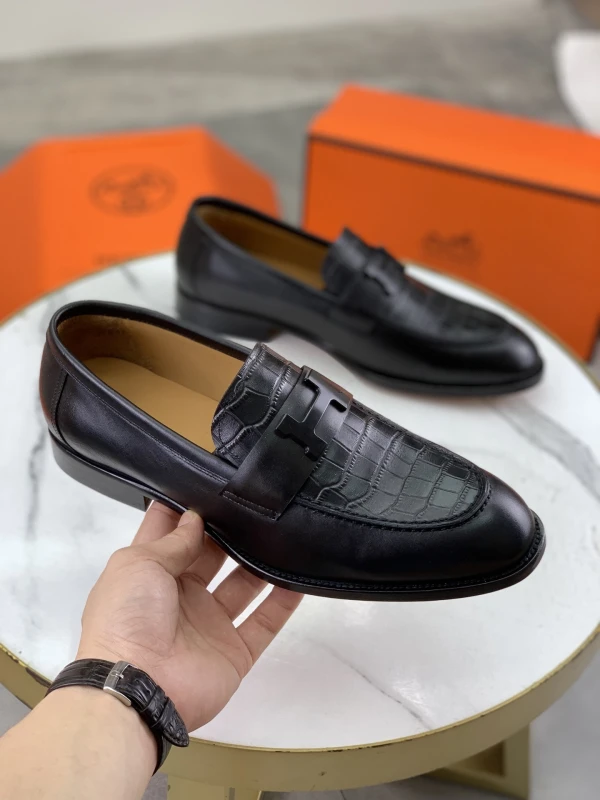 All-Black Hermès Men's Crocodile-Embossed Leather Matte 'H' Buckle Loafers