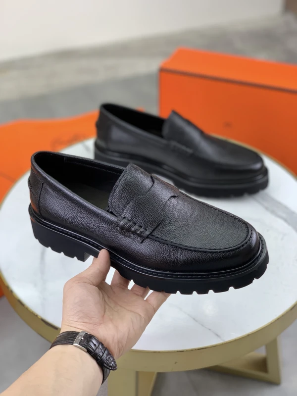 All-Black Hermès Men's Grained Leather Lug-Sole Penny Loafers