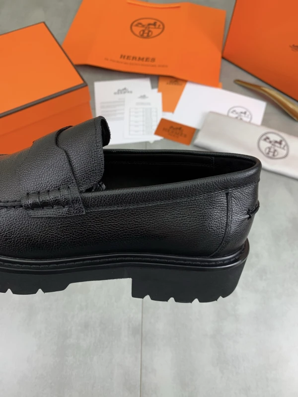 All-Black Hermès Men's Grained Leather Lug-Sole Penny Loafers