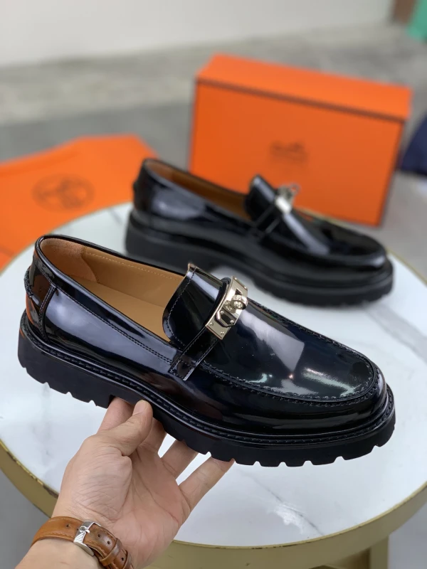 High-Shine Jet Black Hermès Men's Patent Leather Lug-Sole Silver Lock Buckle Loafers