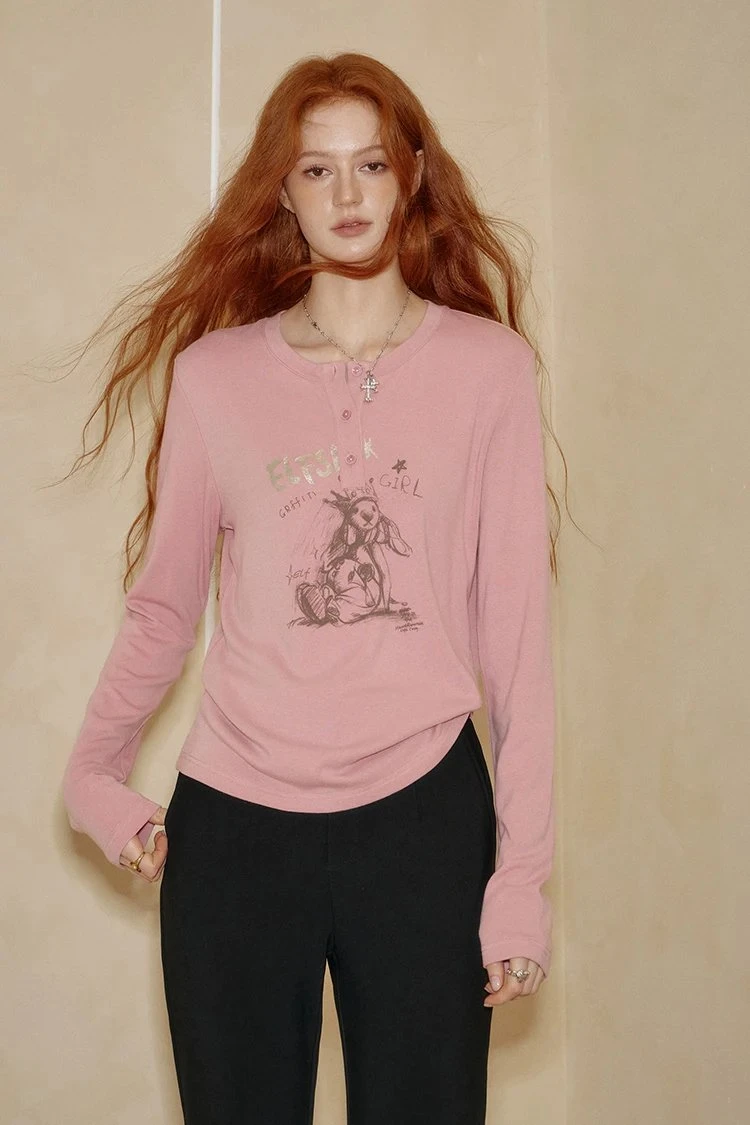 Casual Loose Fit Bear Print Layering Tee for Women