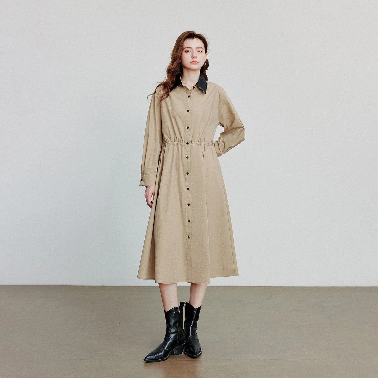Women's Ankle-Length Turn-Down Collar Slim Fit Shirt Dress