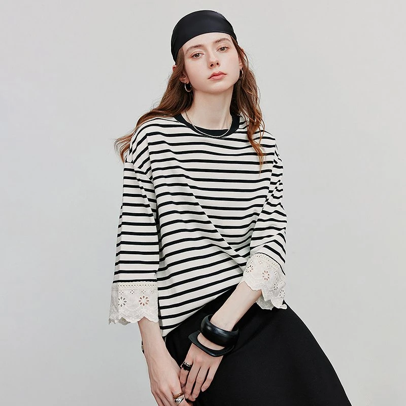 Women's Loose Fit Striped Cotton T-Shirt with Lace Detailing