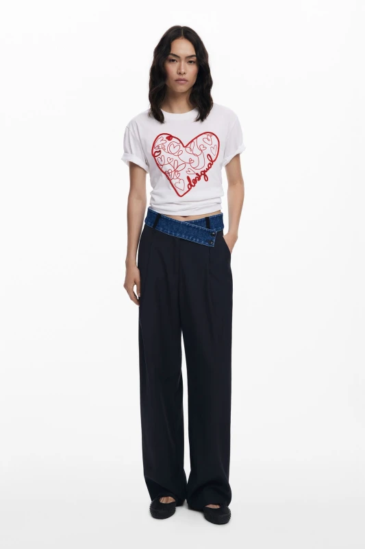 Desigual Women's White T-Shirt with 3D Embroidered Heart Design