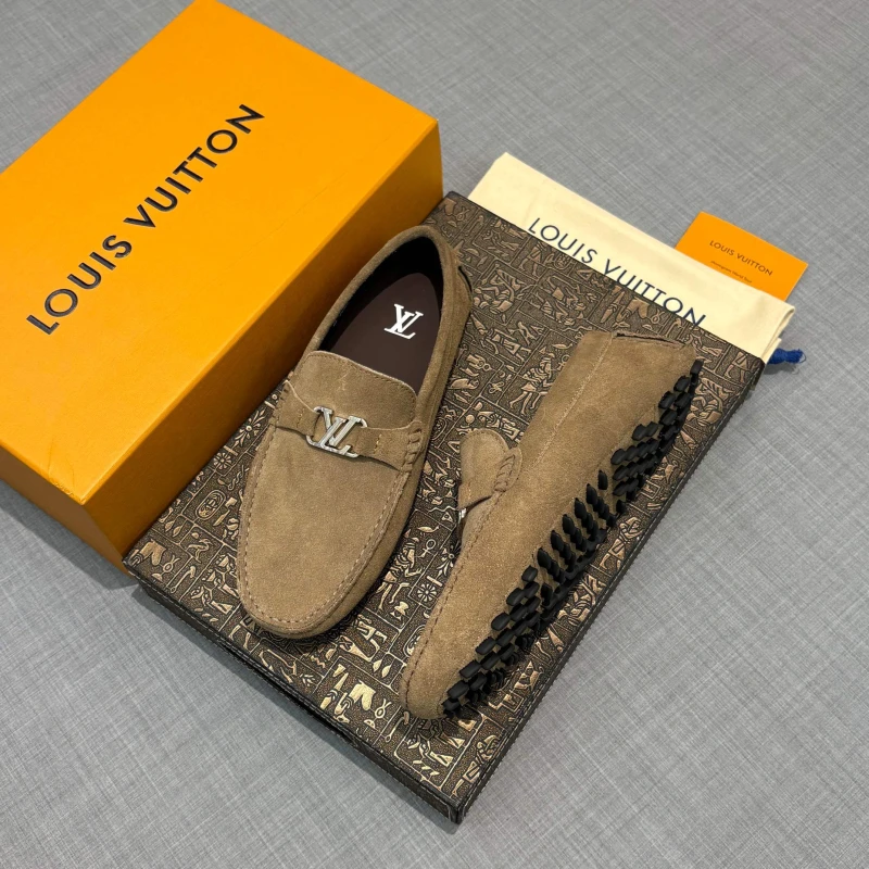 Taupe Grey Suede Louis Vuitton Men's LV Initial Buckle Loafers