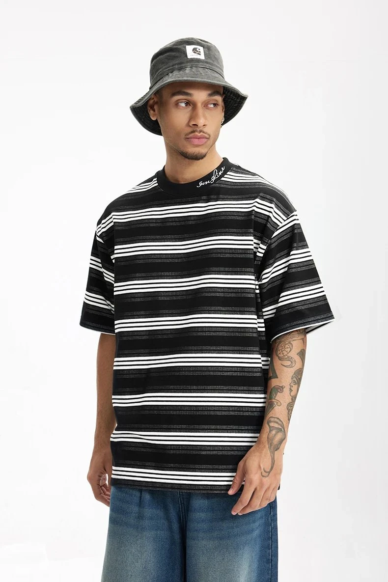 Men’s Fine Knit Plaid Striped T-Shirt