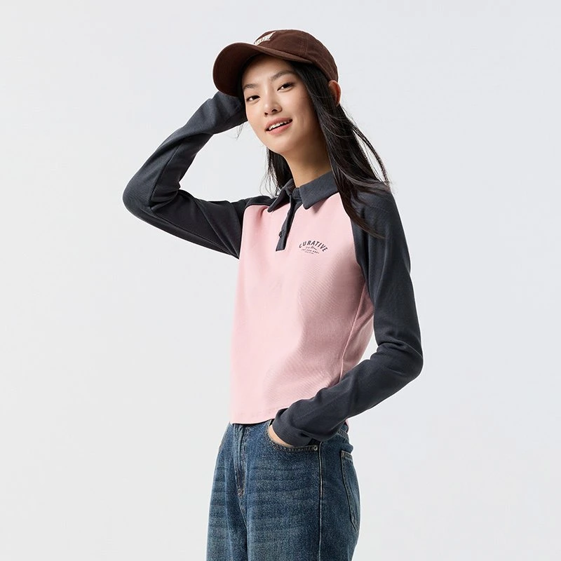 Color-Blocked Raglan Polo Shirt for Women - Slim Fit Letter-Printed Top