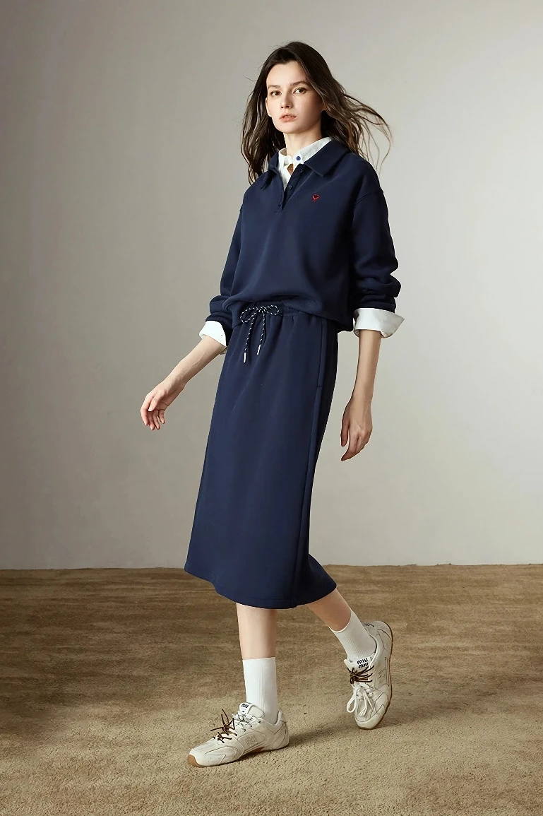 Retro Navy Blue Hoodie & Midi Skirt Fleece Two-Piece Winter Set