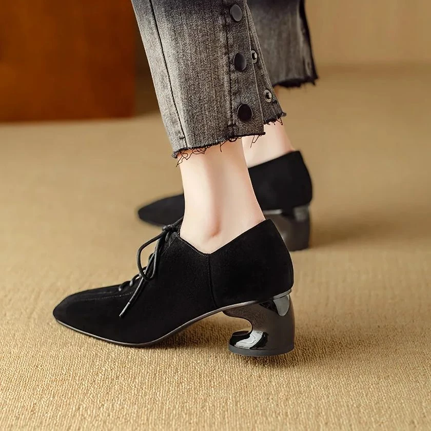Elegant Square Toe Suede Lace-Up Pumps with Sculpted Heel