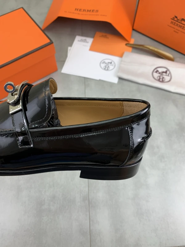 High-Shine Jet Black Hermès Men's Patent Leather Silver Lock Buckle Loafers