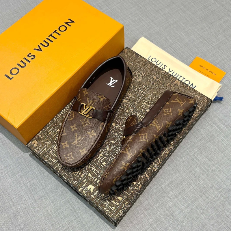 Classic Brown Monogram Louis Vuitton Men's Canvas & Leather LV Initial Buckle Loafers