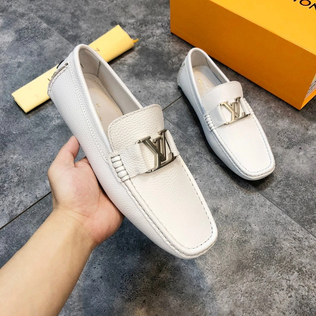 Textured Crisp White Louis Vuitton Men's Grained Leather LV Initial Buckle Loafers