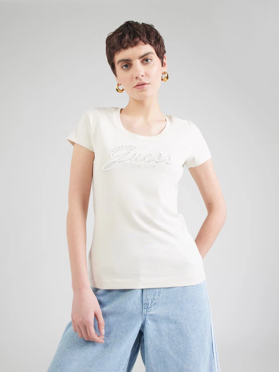 Guess Women's Beige Rhinestone T-Shirt - Chic and Comfortable