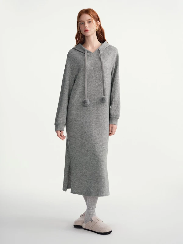 Winter Pom Pom Hooded Knit Dress with Drawstring Waist