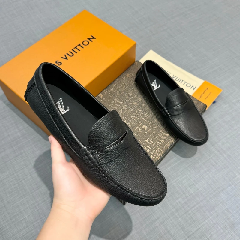 Textured Matte Black Louis Vuitton Men's Grained Leather Strap Loafers