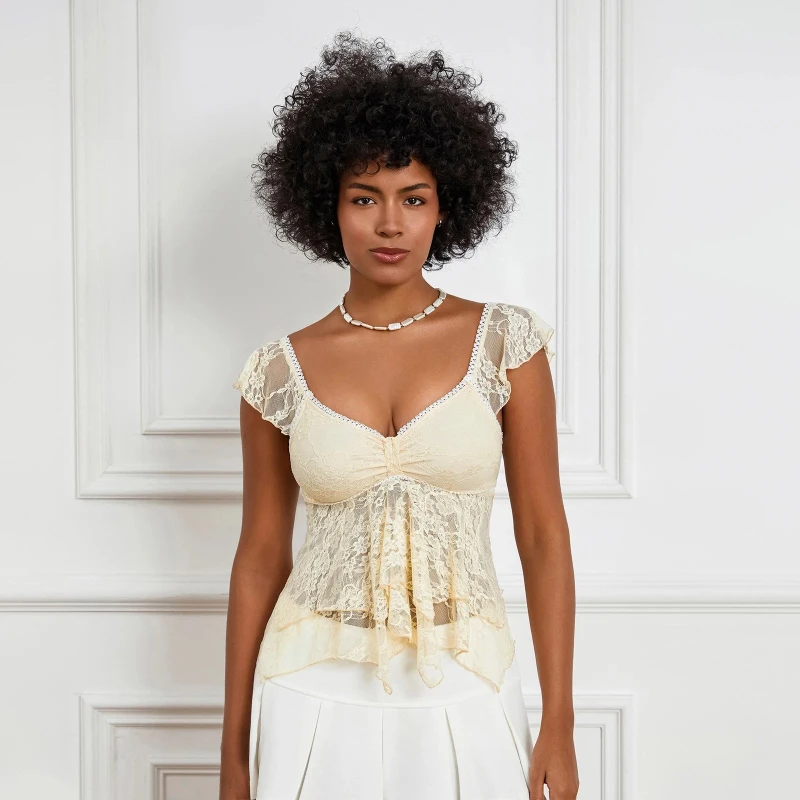 Women’s Summer V Neck Lace Crop Top with Ruffle Sleeves