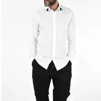Dolce & Gabbana White Cotton Long Sleeve Shirt with Button Embroidery