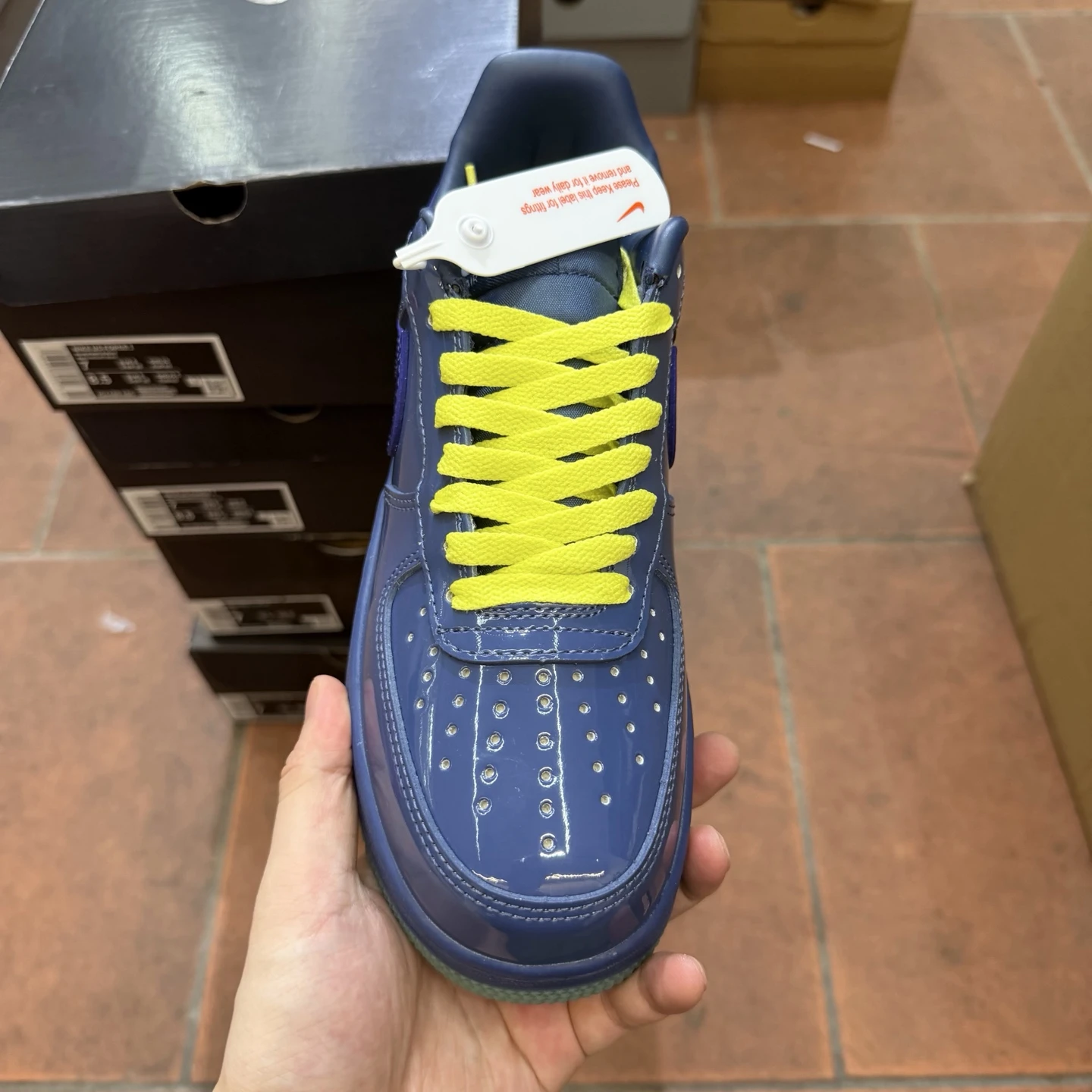 Nike Air Force 1 Low Premium Sneakers – Glossy Navy Blue/Neon Yellow