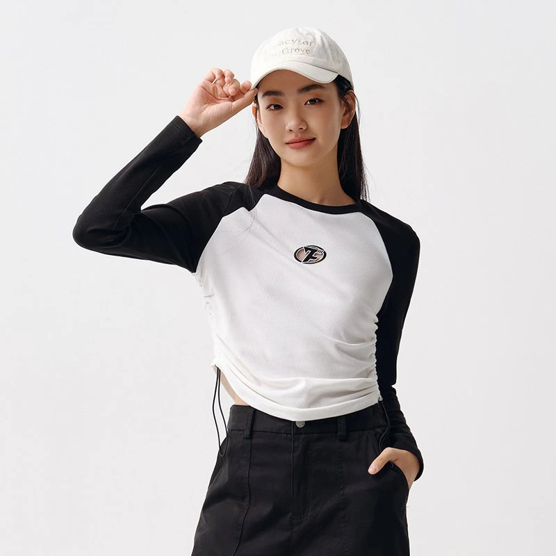 Women’s Contrast Color Embroidered Drawstring Pullover Long Sleeve T-Shirt