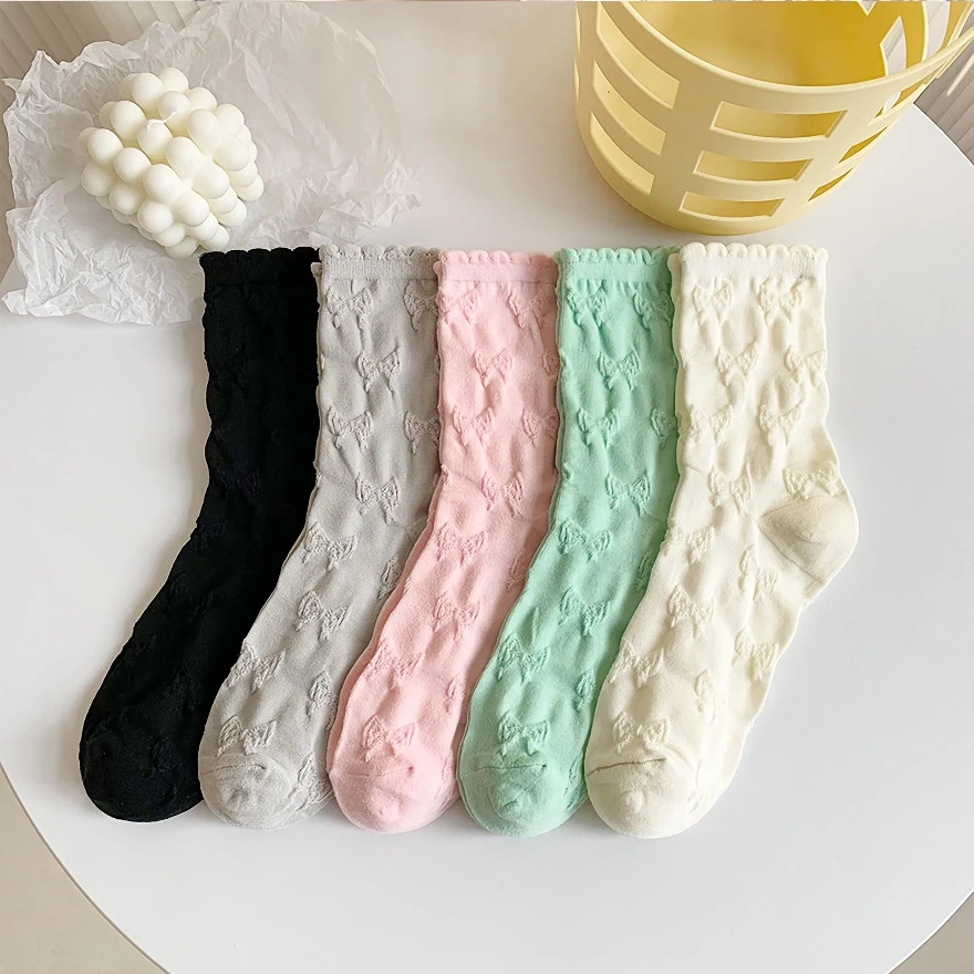 5 Pairs of Women's Casual Solid Color Bow Print Mid Tube Socks – Comfortable and Stylish
