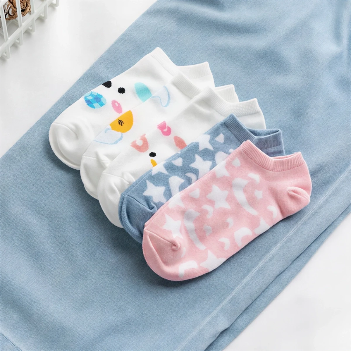 Cotton Cartoon Star & Moon Ankle Socks - 5 Pairs for Women