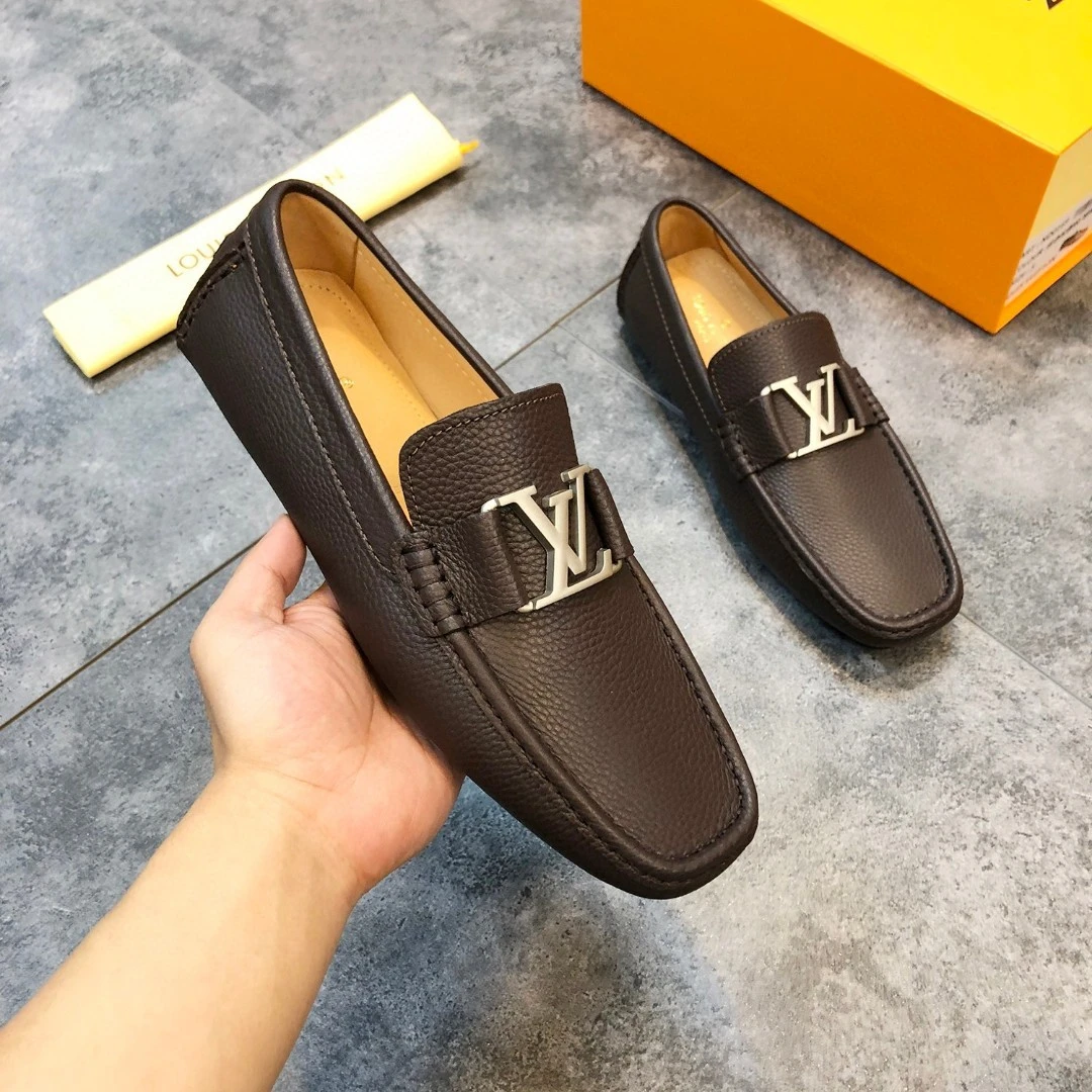 Textured Dark Brown Louis Vuitton Men's Grained Leather LV Initial Buckle Loafers