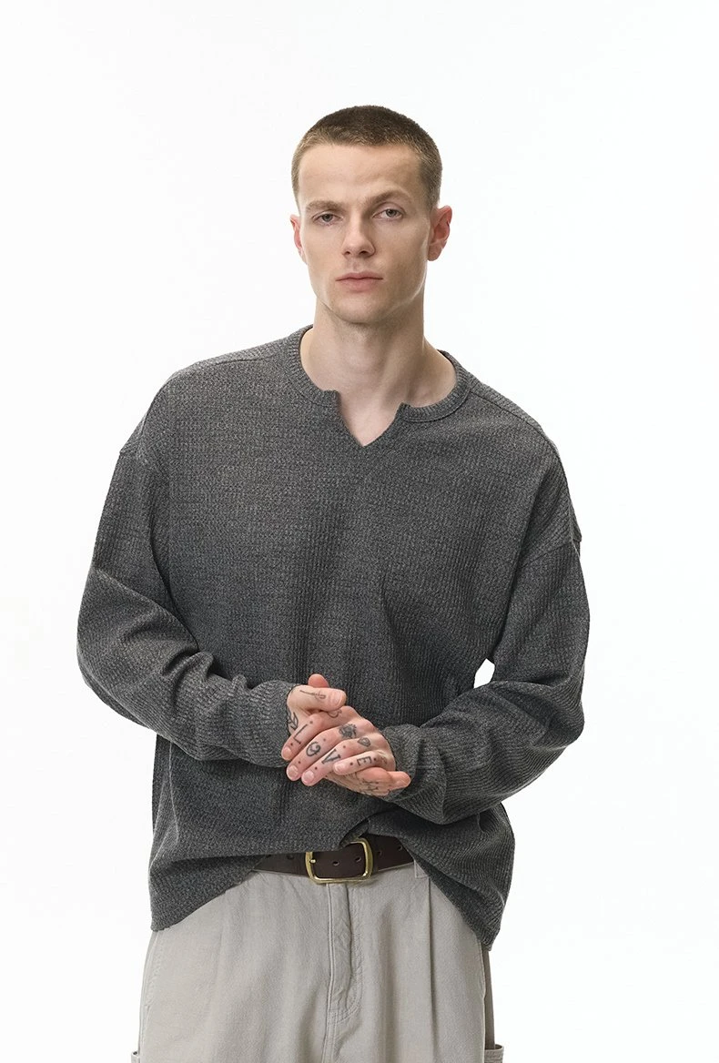 Men's Waffle Knit V-Neck Long Sleeve Casual Tee