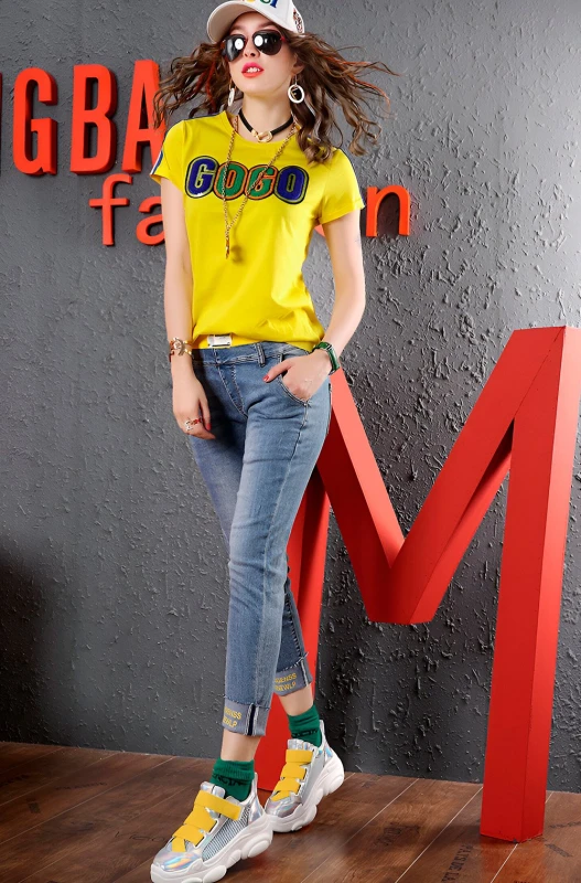 Summer Yellow Cotton Sequin T-Shirt for Women – Streetwear Style